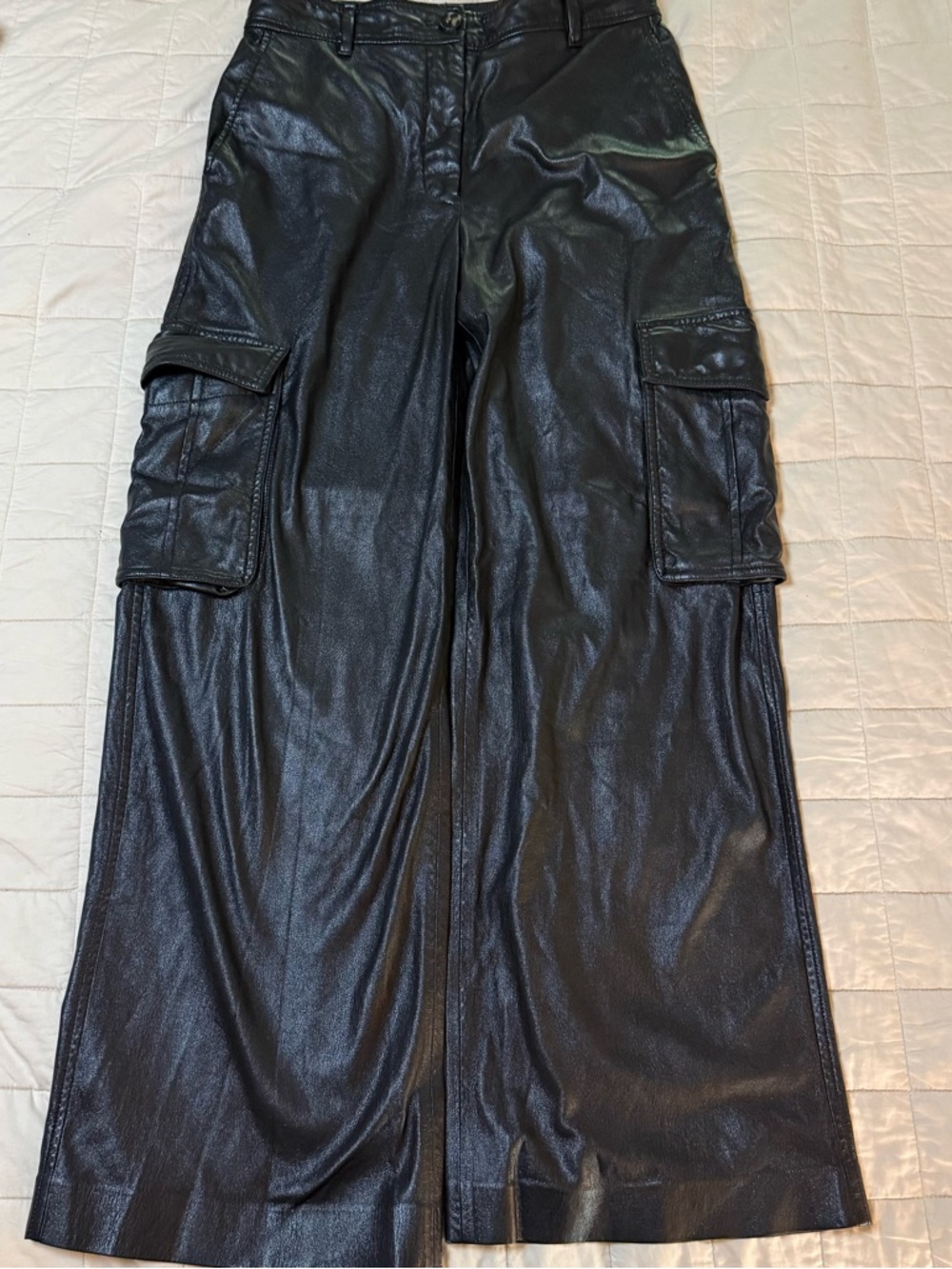 Black Faux Leather‎ Cargo Pants - Wide Leg